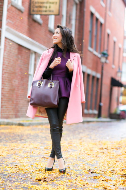 Color Love :: Rose car coat & Purple peplum - Wendy's Lookbook