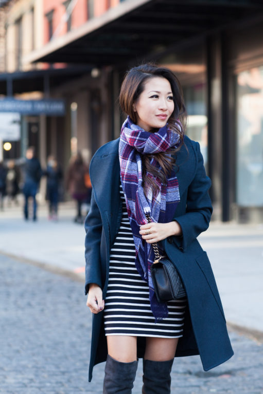 New York Moment :: Striped dress & Plaid scarf - Wendy's Lookbook