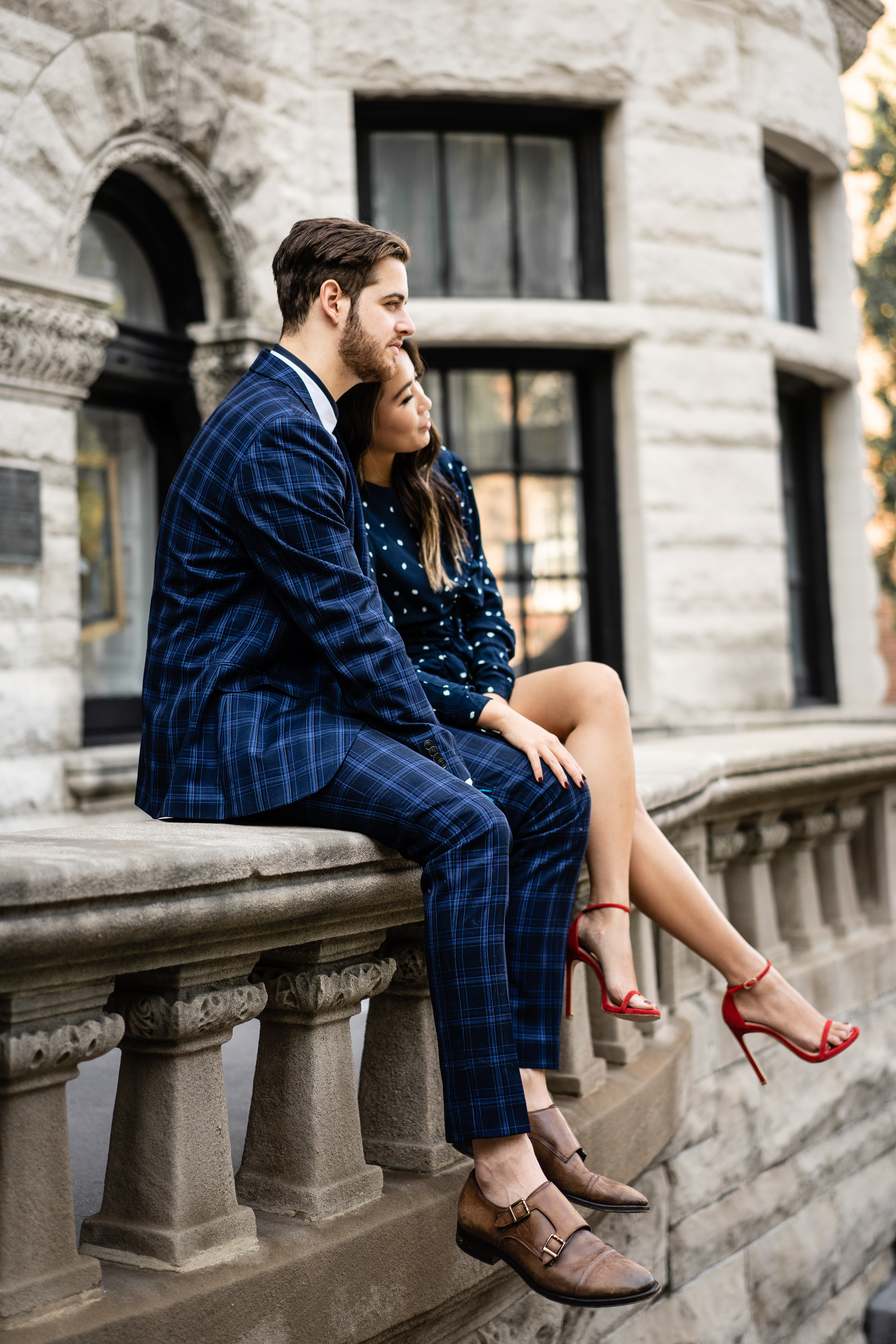 Date night outfit in blue mens plaid suit and polka dot dress