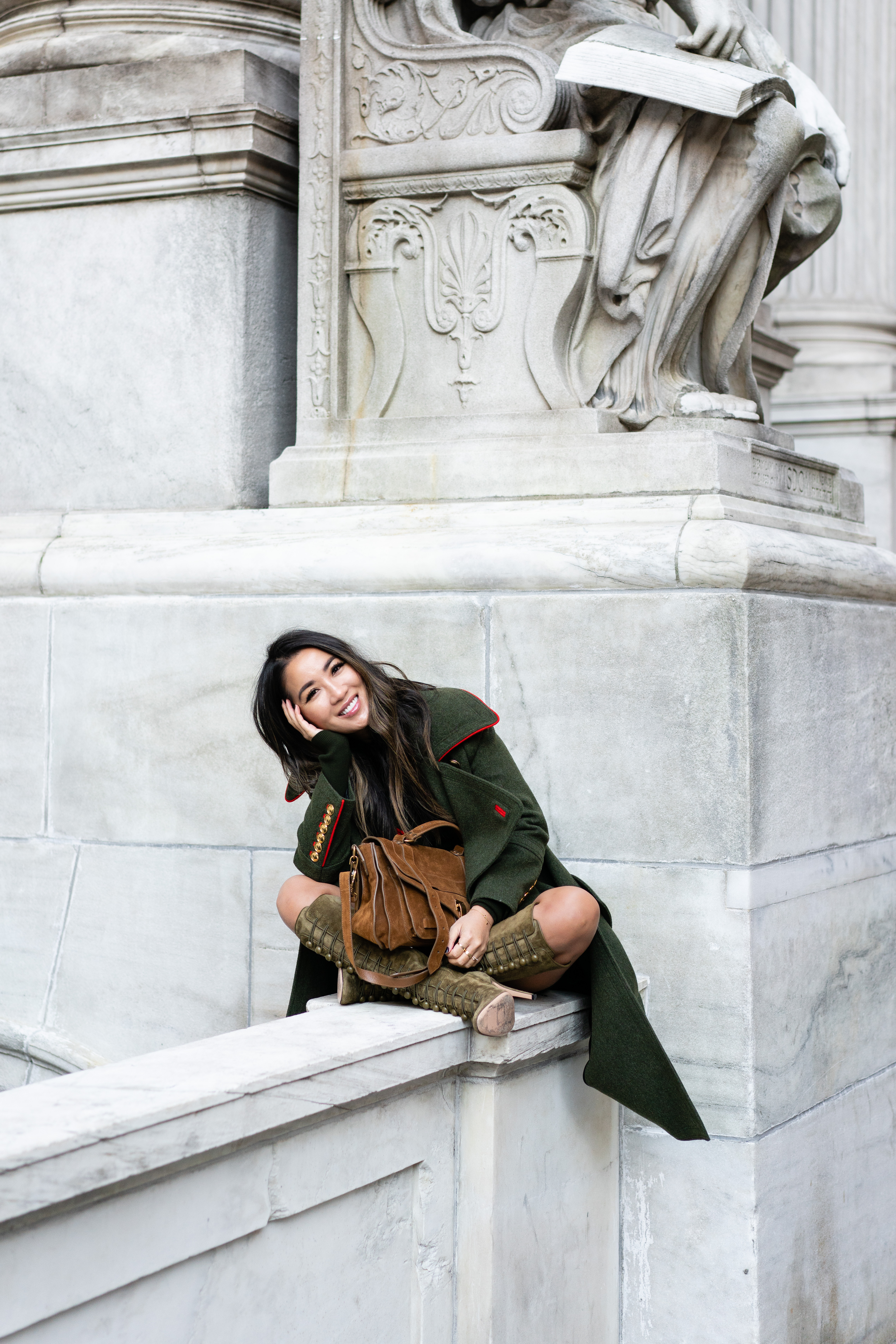 Burberry green military coat with gianvito rossi suede boots and proenza schouler ps1 brown bag