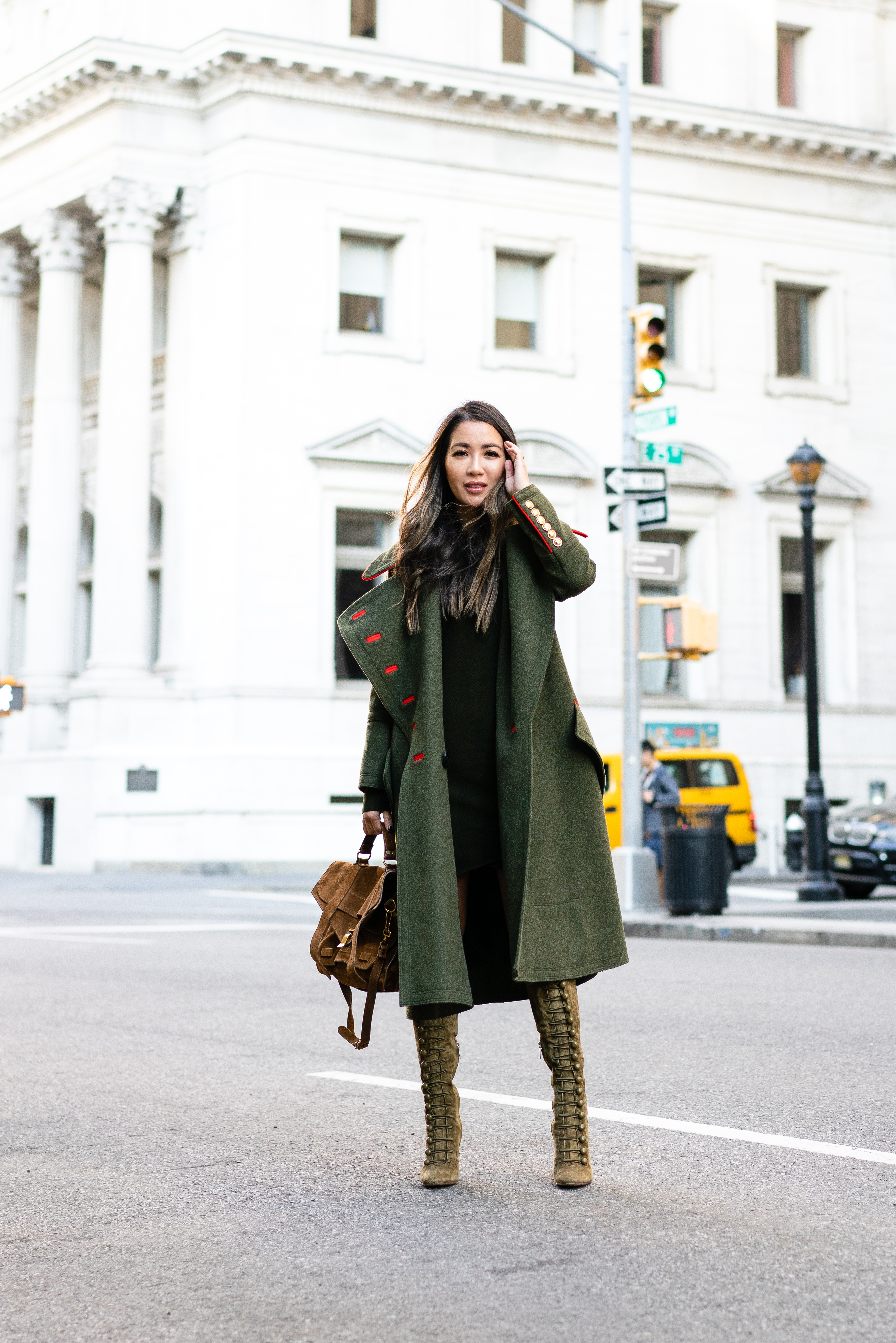 Burberry green military coat with gianvito rossi suede boots and proenza schouler ps1 brown bag